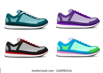 Colorful trendy sport training running tennis shoes realistic set of 4 right foot sneakers isolated vector illustration