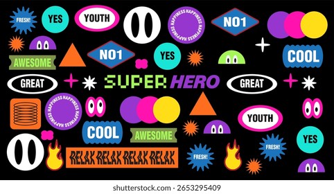 Colorful trendy sticker pack. Naive playful label shape set. Retro patch cartoon collection. Catchphrase sign, Groovy text slogan. Geometric element. Brutalism aesthetic. Flat vector illustration