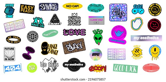 Colorful trendy sticker pack. Street art, tags, graffiti, simple and complex, emoji, smiley. Trendy Badges, signs and stickers in 3D and flat style. Retro Futuristic stickers from 80s, 90s. Vector set