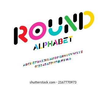 Colorful trendy style alphabet design with uppercase, numbers and symbols