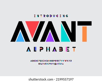 Colorful trendy style alphabet design with uppercase, numbers and symbols