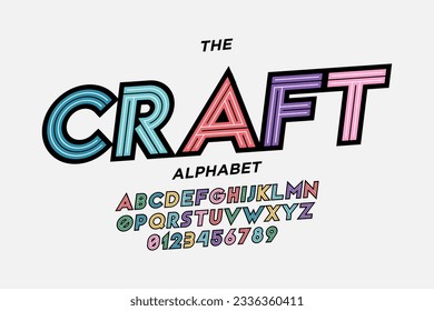 Colorful trendy style alphabet design with uppercase, numbers and symbols