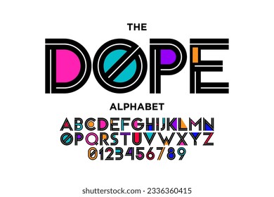 Colorful trendy style alphabet design with uppercase, numbers and symbols