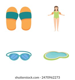 Colorful and trendy summer beach essentials set with flip flops, swimsuit, sunglasses, pool ring, inflatable, and more for leisure and sun protection activities