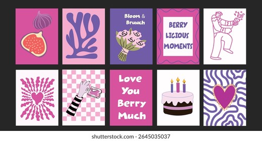Colorful Trendy summer designs combining fun typography with delicious produce – strawberries, tomatoes, broccoli, and more – ideal for social media or poster templates.

