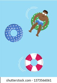 Colorful Trendy Summer Pool Graphic with Man Relaxing in a Pool Float - Vector Illustration
