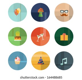 Colorful Trendy Vector Icon Set. Birthday Party Concept