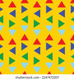 colorful triangle abstract shapes in seamless pattern on yellow backgroud, gift wrapping paper, infinite point, clothes, shirts, dresses, paper, gift, white background, Vector background.