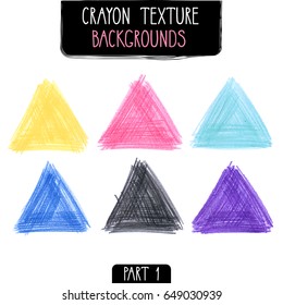 Colorful Triangle Backgrounds By Crayon Set. Hand Drawn Kids Scribble Style. Vector Illustration.