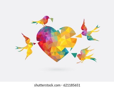 colorful triangle bird  fly to create diamond heart. build jigsaw puzzle love concept on white background.Vector illustration.