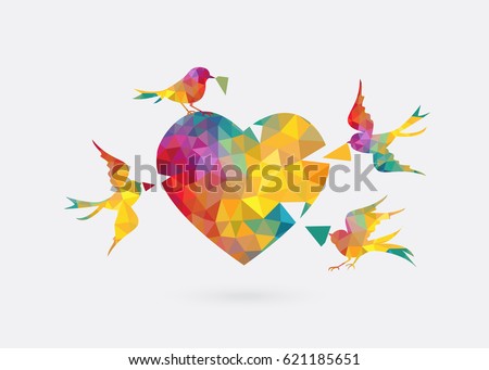 colorful triangle bird  fly to create diamond heart. build jigsaw puzzle love concept on white background.Vector illustration.