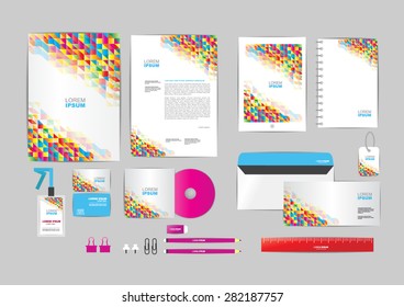colorful with triangle corporate identity template for your business includes CD Cover, Business Card, folder, ruler, Envelope and Letter Head Designs