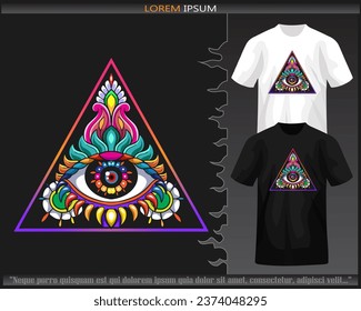 Colorful triangle eye mandala arts isolated on black and white t shirt.