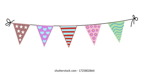  Colorful triangle flag hanging isolated on white background.