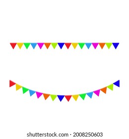 colorful triangle flags set for festive decoration isolated on white background. birthday party and celebration design element concept. vector illustration