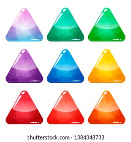 Colorful triangle glossy buttons set, vector assets for web or game design, app icons vector template isolated on white background.