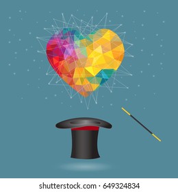 colorful triangle heart flying out from magic hat. love concept abstract blue background. vector illustration.