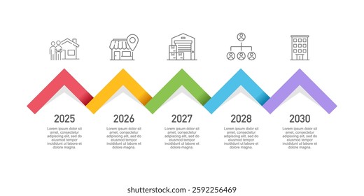 Colorful Triangle Infographic Timeline 5 Business Key Events.  Presentation, News, Plans, Milestones and Strategy, Vector Illustration.