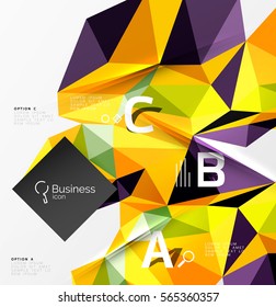 Colorful triangle mosaic 3d geometric object with infographics. Vector abstract background for workflow layout, diagram, number options or web design