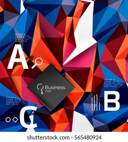 Objeto geométrico 3d de mosaico triangular colorido con infografía. Fondo abstracto vectorial para diseño de flujo de trabajo, diagrama, opciones de número o diseño web