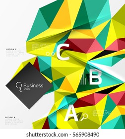 Colorful triangle mosaic 3d geometric object with infographics. Vector abstract background for workflow layout, diagram, number options or web design