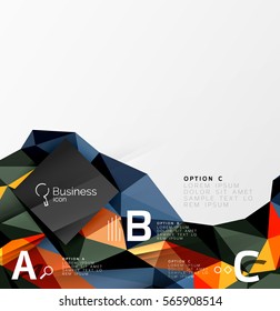 Objeto geométrico 3d de mosaico triangular colorido con infografía. Fondo abstracto vectorial para diseño de flujo de trabajo, diagrama, opciones de número o diseño web