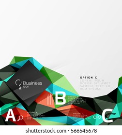 Colorful triangle mosaic 3d geometric object with infographics. Vector abstract background for workflow layout, diagram, number options or web design