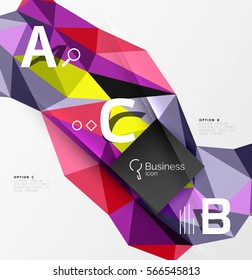 Colorful triangle mosaic 3d geometric object with infographics. Vector abstract background for workflow layout, diagram, number options or web design
