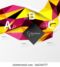 Colorful triangle mosaic 3d geometric object with infographics. Vector abstract background for workflow layout, diagram, number options or web design
