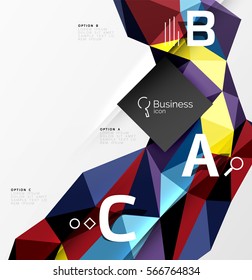 Colorful triangle mosaic 3d geometric object with infographics. Vector abstract background for workflow layout, diagram, number options or web design