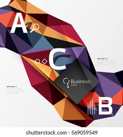 Farbiges dreieckiges geometrisches 3D-Mosaik-Objekt mit Infografiken. Abstrakter Vektorhintergrund für das Workflow-Layout, Diagramm, Zahlenoptionen oder Webdesign
