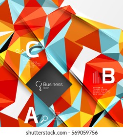 Colorful triangle mosaic 3d geometric object with infographics. Vector abstract background for workflow layout, diagram, number options or web design
