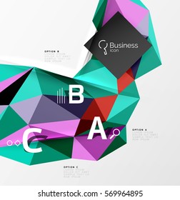 Objeto geométrico 3d de mosaico triangular colorido con infografía. Fondo abstracto vectorial para diseño de flujo de trabajo, diagrama, opciones de número o diseño web
