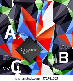 Objeto geométrico 3d de mosaico triangular colorido con infografía. Fondo abstracto vectorial para diseño de flujo de trabajo, diagrama, opciones de número o diseño web