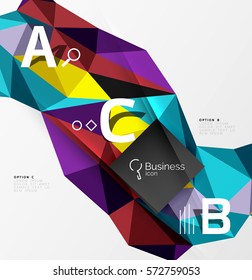 Colorful triangle mosaic 3d geometric object with infographics. Vector abstract background for workflow layout, diagram, number options or web design
