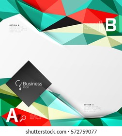Colorful triangle mosaic 3d geometric object with infographics. Vector abstract background for workflow layout, diagram, number options or web design