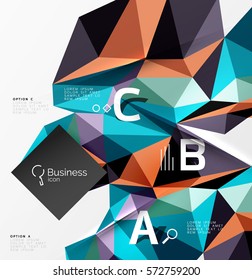 Colorful triangle mosaic 3d geometric object with infographics. Vector abstract background for workflow layout, diagram, number options or web design