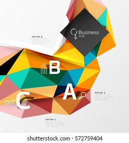 Objeto geométrico 3d de mosaico triangular colorido con infografía. Fondo abstracto vectorial para diseño de flujo de trabajo, diagrama, opciones de número o diseño web