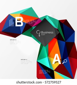 Colorful triangle mosaic 3d geometric object with infographics. Vector abstract background for workflow layout, diagram, number options or web design
