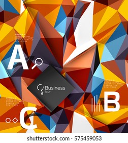 Colorful triangle mosaic 3d geometric object with infographics. Vector abstract background for workflow layout, diagram, number options or web design