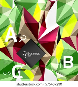 Colorful triangle mosaic 3d geometric object with infographics. Vector abstract background for workflow layout, diagram, number options or web design