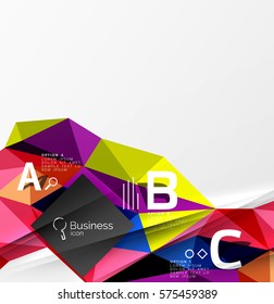 Colorful triangle mosaic 3d geometric object with infographics. Vector abstract background for workflow layout, diagram, number options or web design