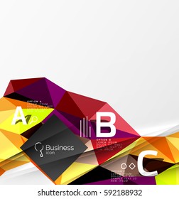 Objeto geométrico 3d de mosaico triangular colorido con infografía. Fondo abstracto vectorial para diseño de flujo de trabajo, diagrama, opciones de número o diseño web