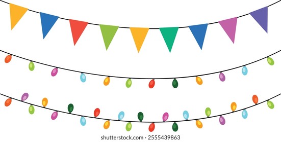 Colorful triangle party flags  and colorful party decoration lights background, decoration element, Vector illustration, Abstract, Isolated on white background