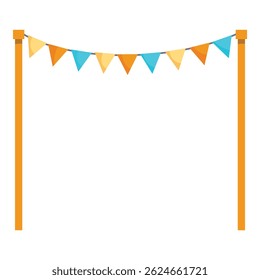 Colorful triangle party flags hanging on a string decoration isolated on white background