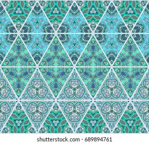 Colorful triangle pattern in mosaic style. Abstract hand drawn art, stylized floral doodle background. Tribal ethnic arabic, indian ornament. Vector patchwork quilt pattern. Textile fabric paper print
