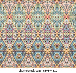 Colorful triangle pattern in mosaic style. Abstract hand drawn art, stylized floral doodle background. Tribal ethnic arabic, indian ornament. Vector patchwork quilt pattern. Textile fabric paper print