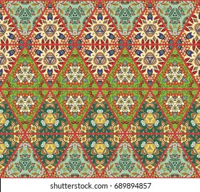 Colorful triangle pattern in mosaic style. Abstract hand drawn art, stylized floral doodle background. Tribal ethnic arabic, indian ornament. Vector patchwork quilt pattern. Textile fabric paper print