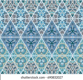 Colorful triangle pattern in mosaic style. Abstract hand drawn art, stylized floral doodle background. Tribal ethnic arabic, indian ornament. Vector patchwork quilt pattern. Textile fabric paper print