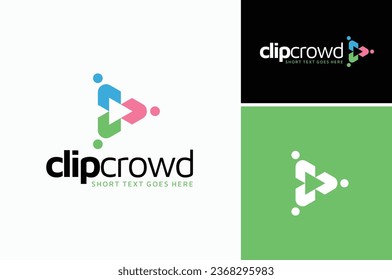 Colorful triangle play button with human crowd community for multimedia player like song video movie cinema motion clip film media logo apps 
